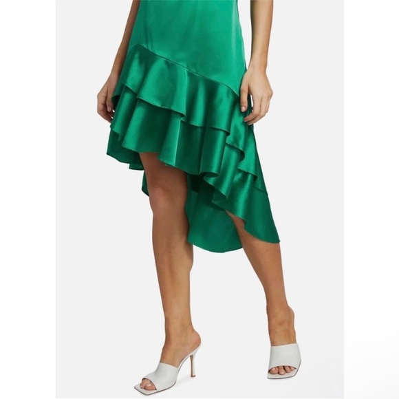 CINQ A SEPT 100% silk shell one shoulder high low dress in jade - Picture 5 of 8